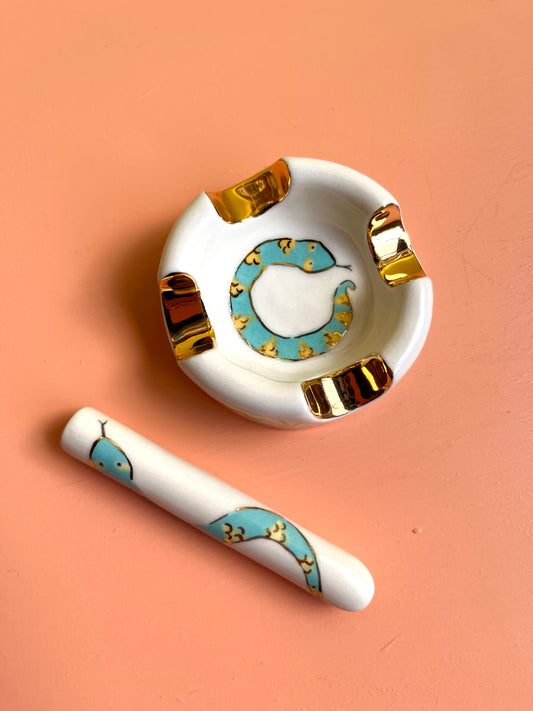 Snake Ashtray & Cigarillo Set - blue snake